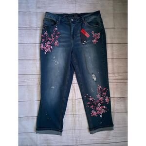 Earl women 16 boyfriend fit embroidered floral print cropped jeans blue & pink